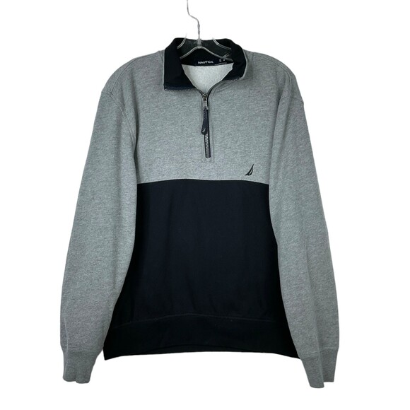Nautica Men's 1/4 Zip Medium Long Sleeve Pullover Sweater Color Block Black/Gray - Picture 1 of 9